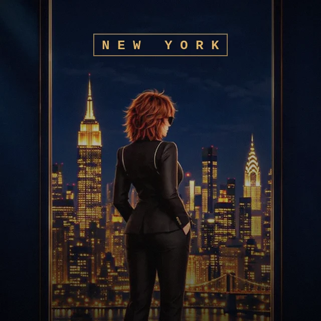 Agent Kelly at a tall window as the skyline changes from New York to Los Angeles to Manchester, each city named at the top of the window, then turning to face the viewer