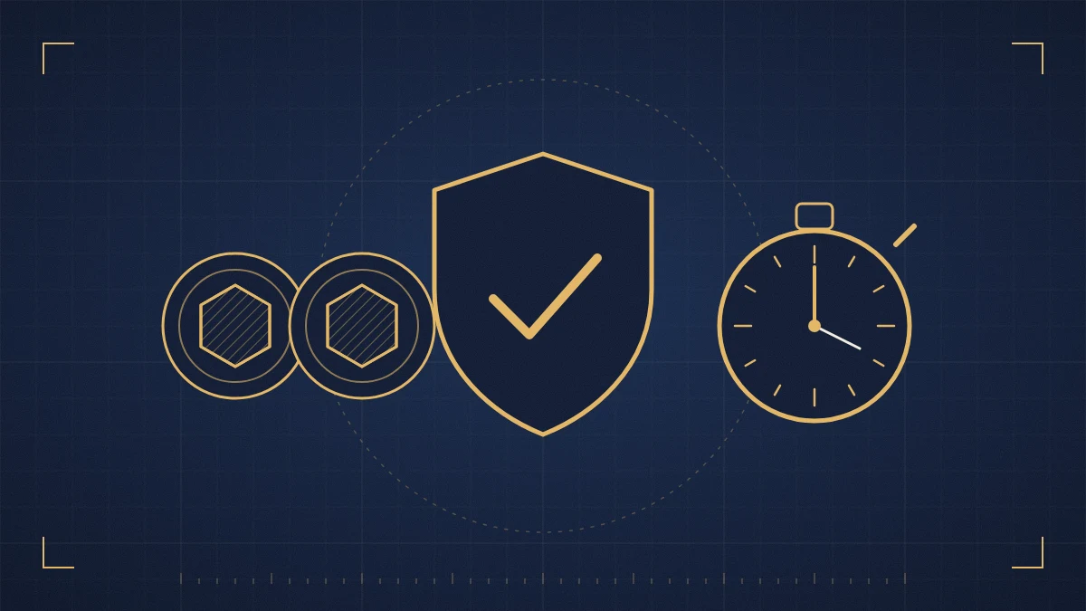 Gold line drawing of two crypto coins beside a shield with a tick and a stopwatch