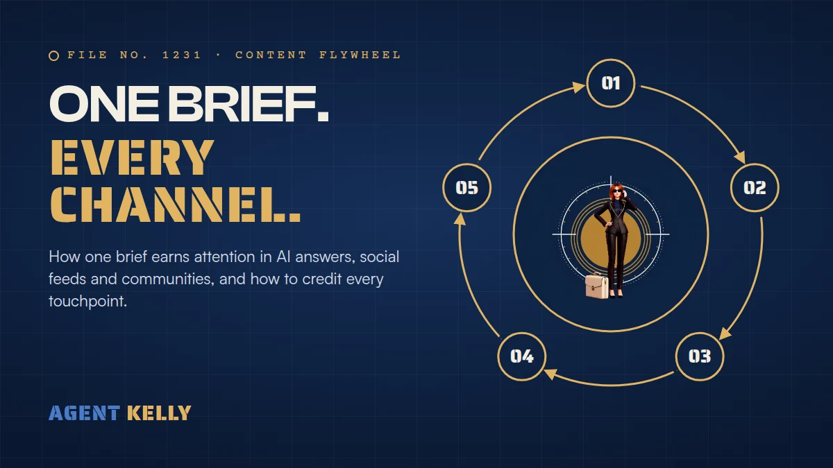 Agent Kelly header image reading One brief, every channel, with five numbered touchpoints arranged in a loop around the Agent Kelly character