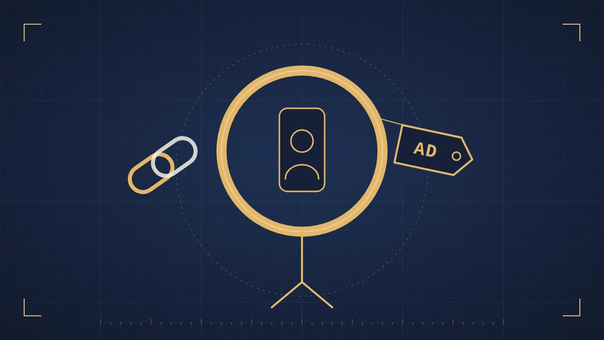 Gold line drawing of a ring light around a smartphone, with an AD label tag and linked chain