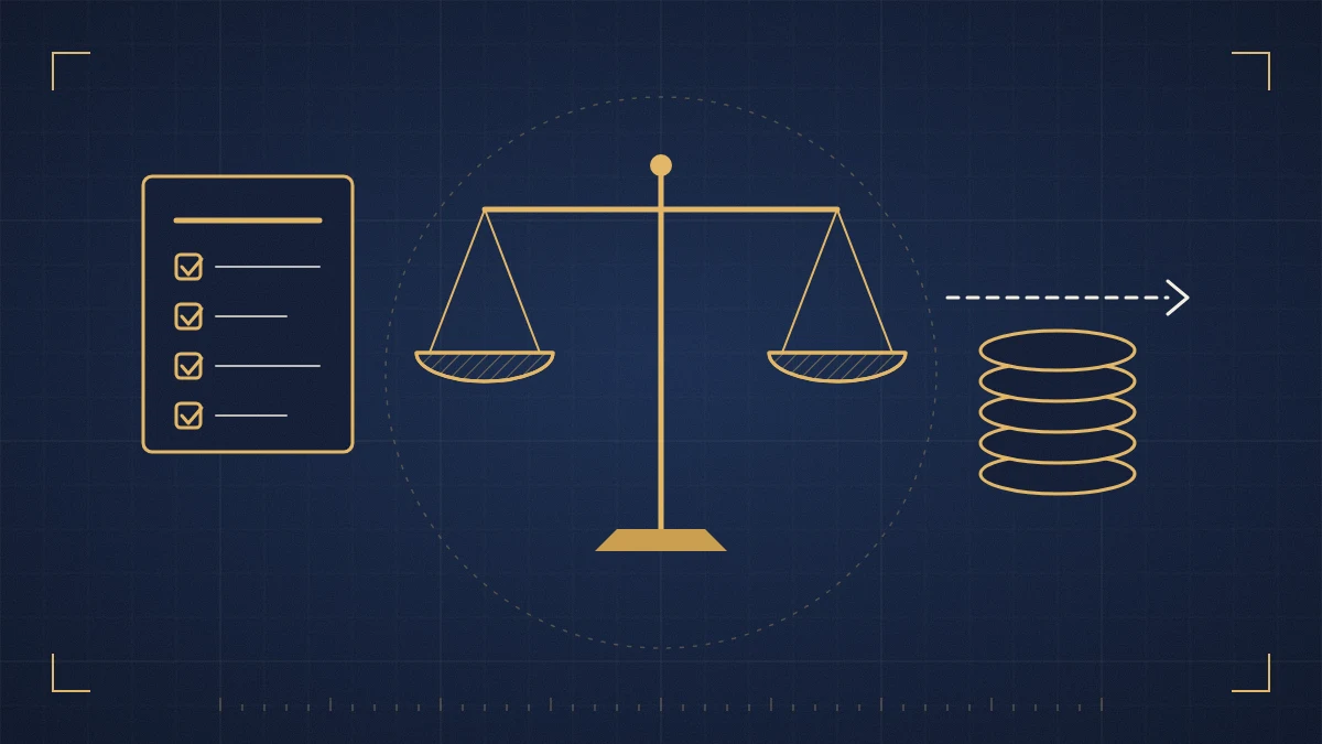 Gold line drawing of balanced scales between a ticked rules checklist and a coin stack under a limit line