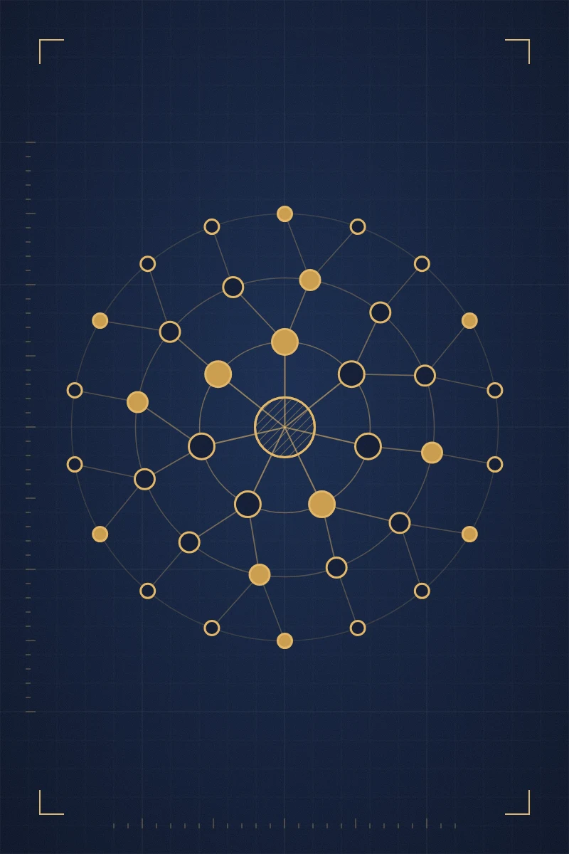 Gold line drawing of concentric rings of connected member nodes around a central hub