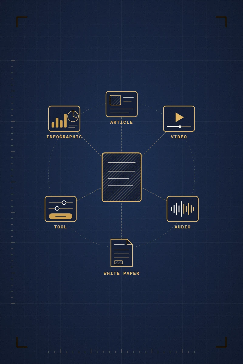 Gold line drawing of a pillar page linked to six content formats: an article, an infographic, a video, an interactive tool, an audio clip and a white paper