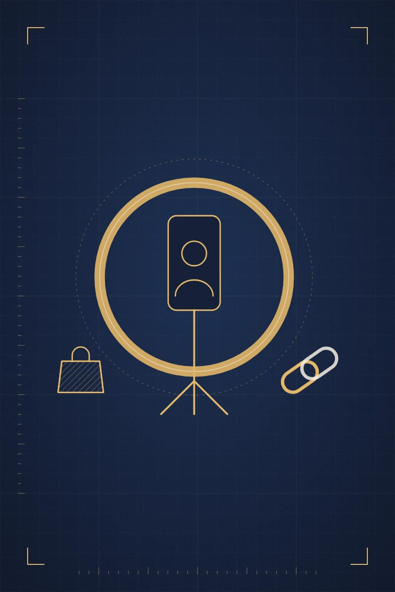Gold line drawing of a ring light holding a phone, with a shopping bag and a link chain