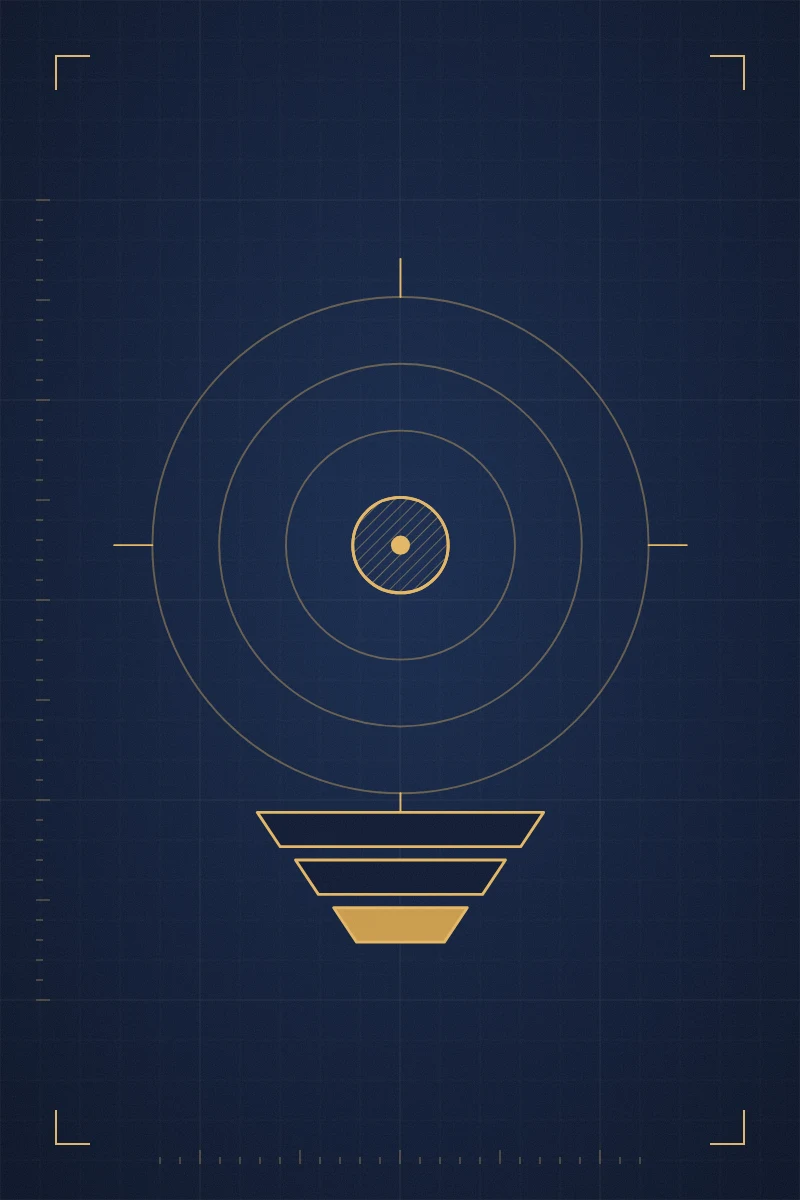 Gold line drawing of target rings above a three-layer conversion funnel