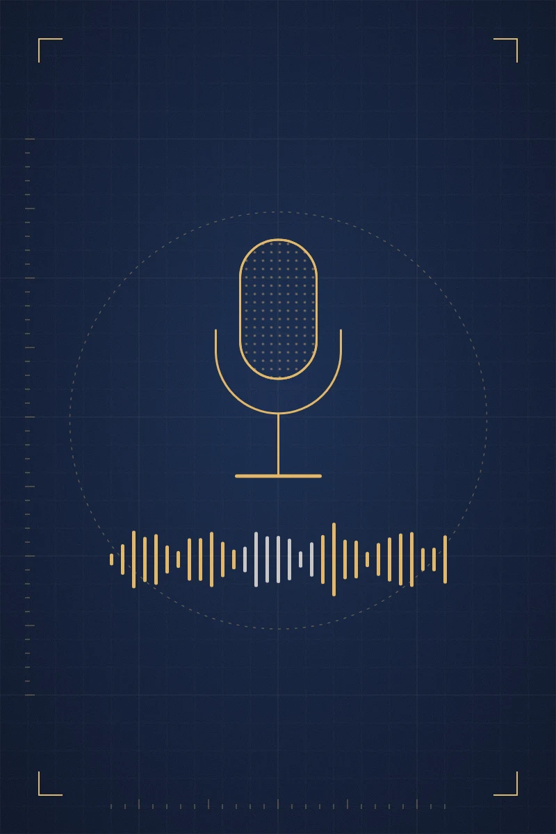 Gold line drawing of a studio microphone above an audio waveform