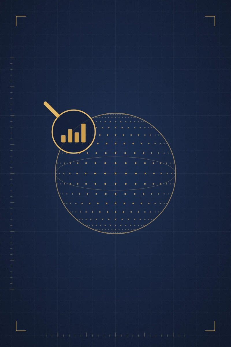 Gold dot-matrix globe with a magnifying glass revealing a small bar chart