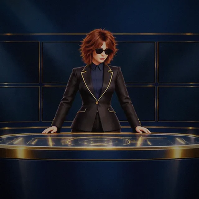Agent Kelly at a gold control console in a situation room, bringing wall screens of maps and charts to life