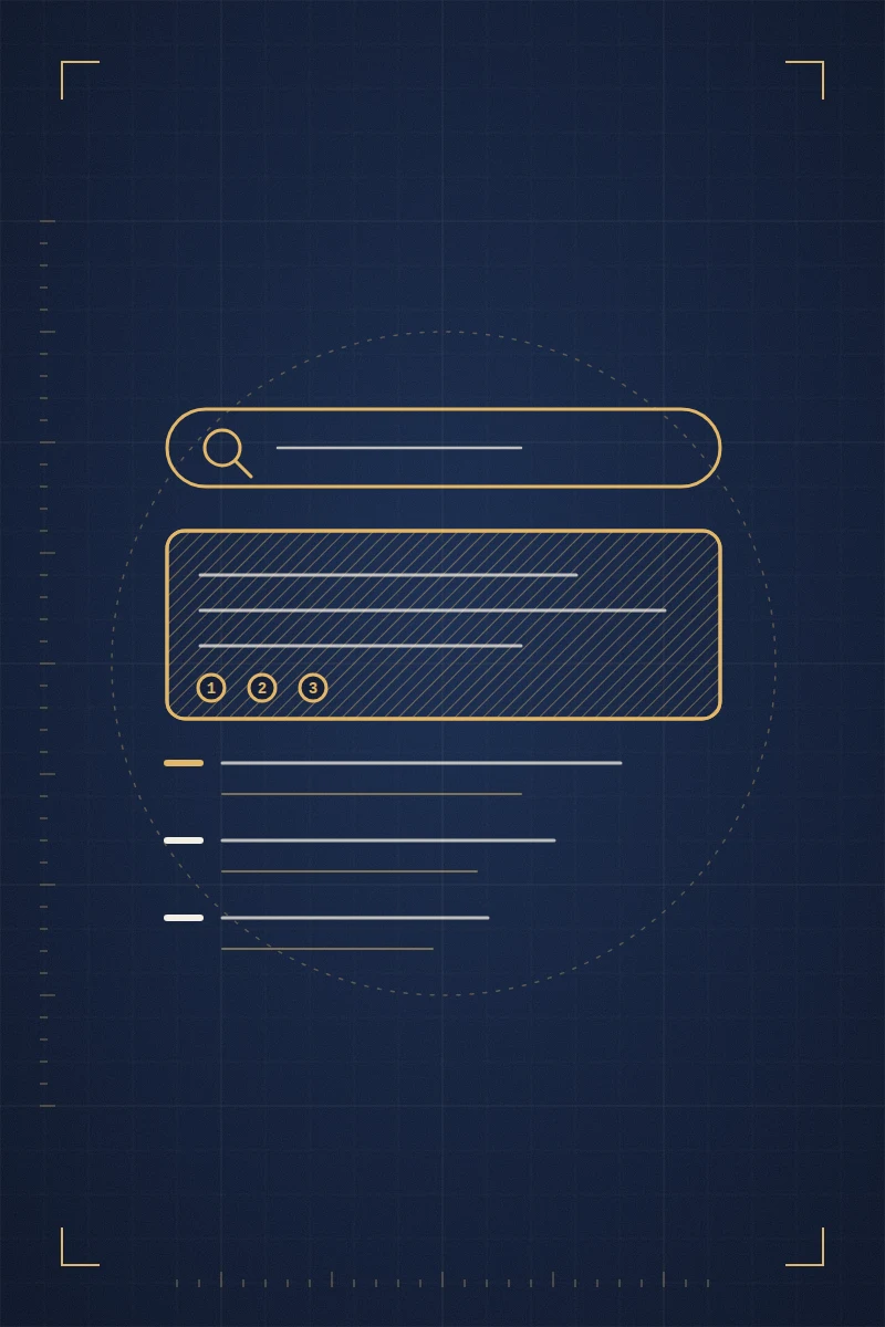 Gold line drawing of a search bar above an AI answer panel with numbered citations and ranked results