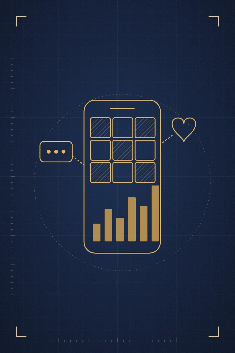 Gold line drawing of a phone showing a grid of posts and rising engagement bars, with a heart and chat bubble