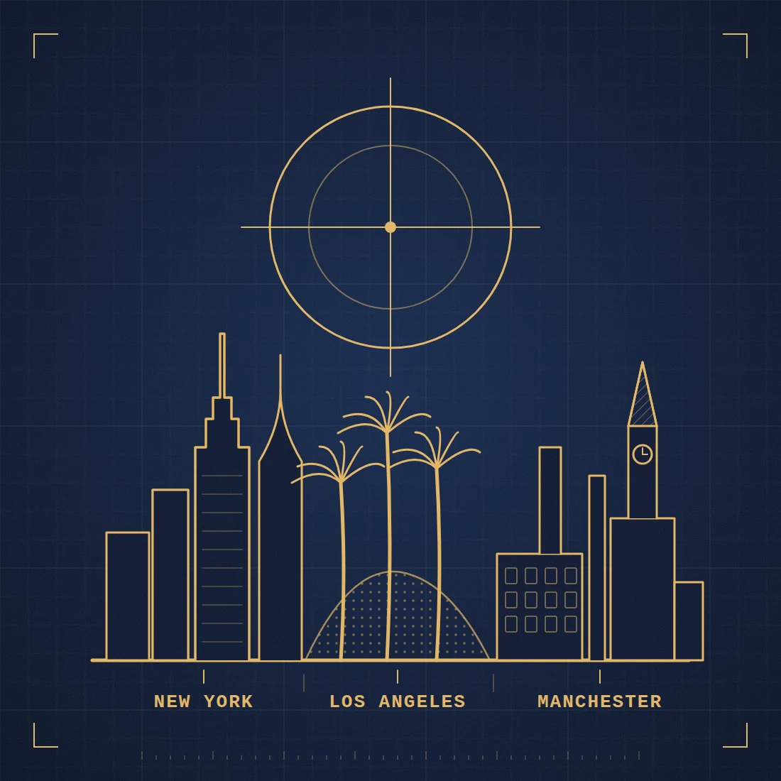 Gold line drawing of New York towers, Los Angeles palm trees and hills, and Manchester mill chimneys and a clock tower beneath a scope reticle, each labelled with its city name